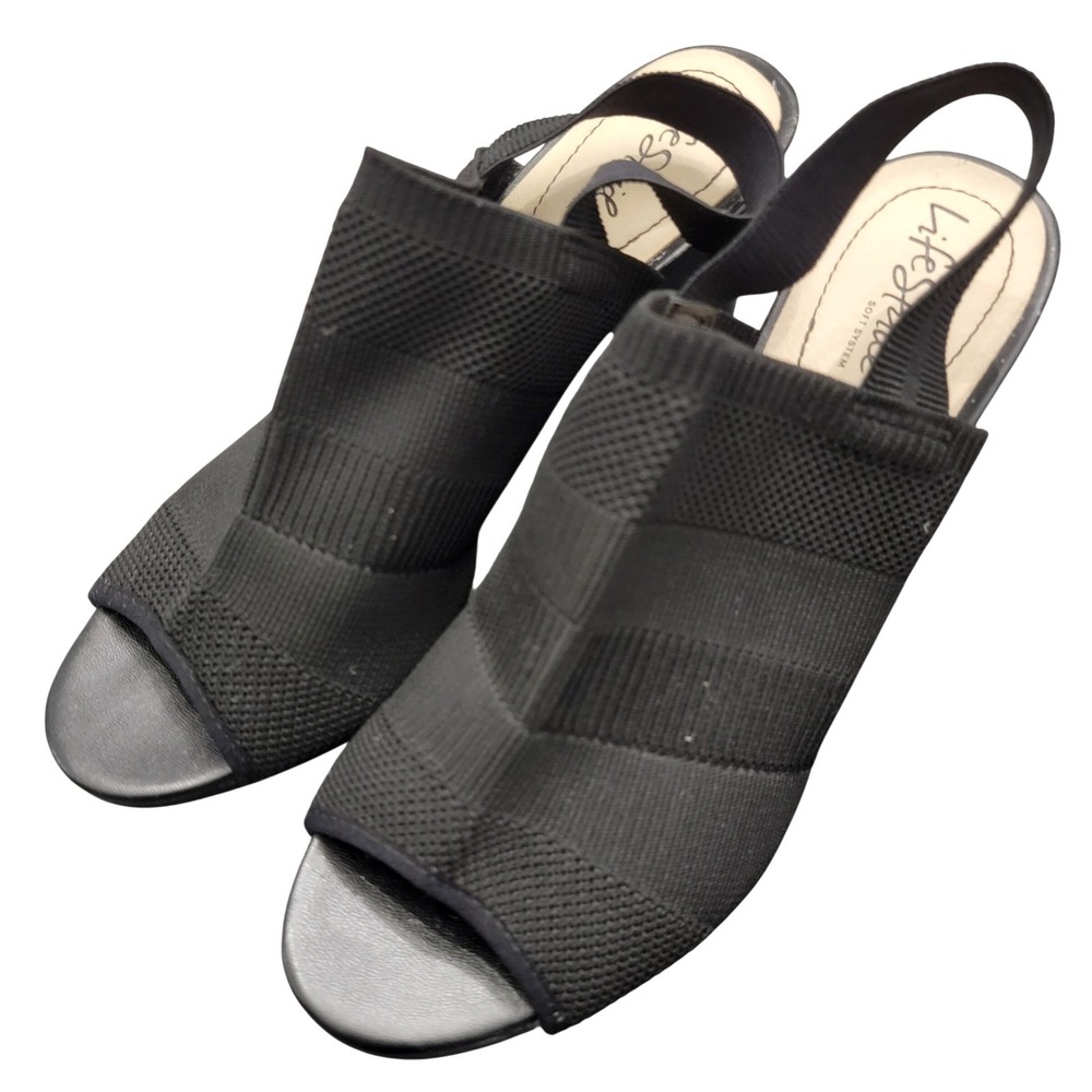 LifeStride Afton Heeled Sandals 10M Black Stretch Knit Peep Toe Slingback Casual